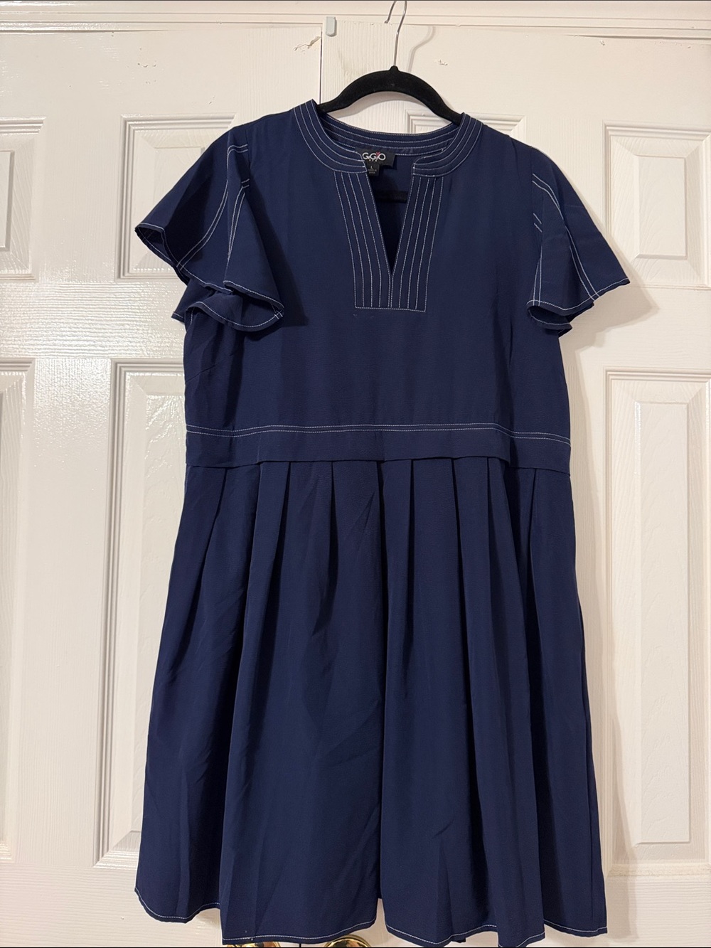 Women’s Navy Pleated Casual Dress with White Topstitching